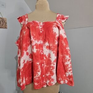 True Craft Women's Red Tie-Dye Top Cotton Orange Red Summer Swing Plus Size 3X
